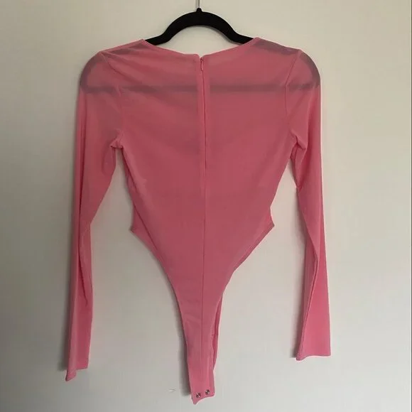 NWT, Meshki, Blaire Mesh Long Sleeve Bodysuit, Pink Size XS - Picture 3 of 5